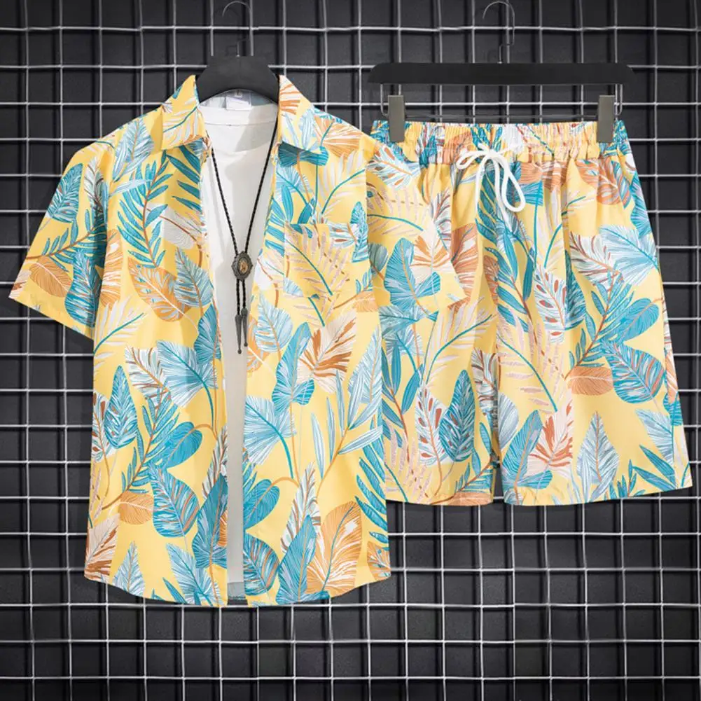 Conjunto de playa Hawaiano con estampado de árbol de Coco para hombre, traje informal de verano, camisa de manga corta con botonadura única, pantalones cortos de pierna ancha con cordón