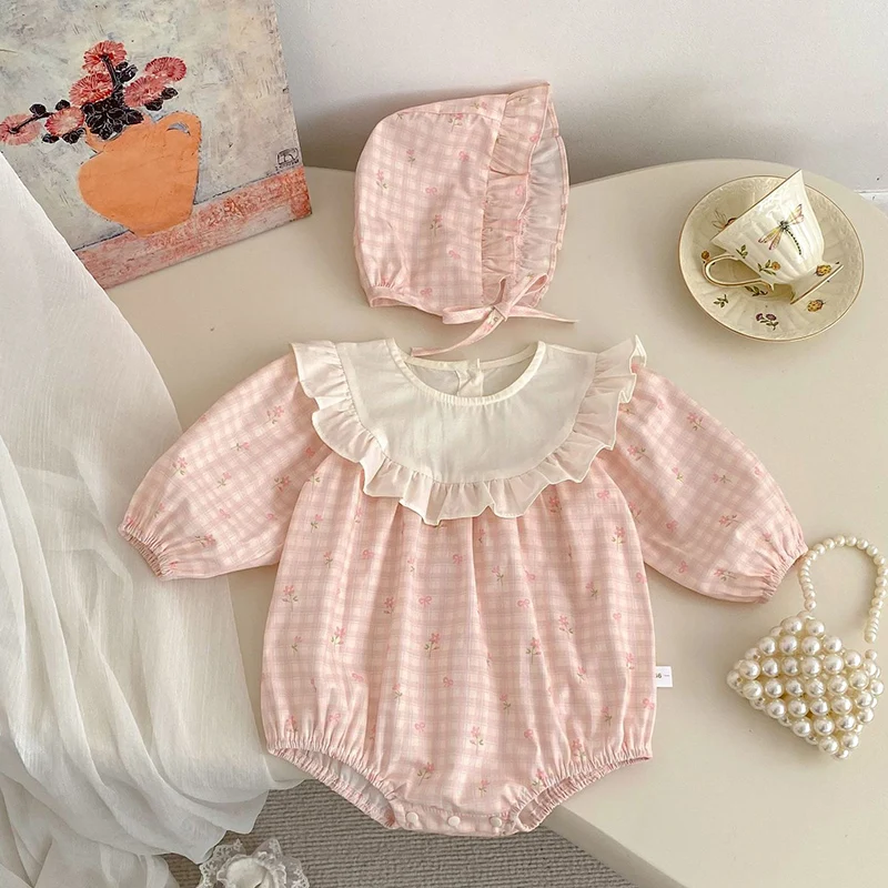 

2026 New Spring 0-24M Children Clothes Toddler Baby Girl Romper Long Sleeved Cotton Printed Splicing Infant Baby Girls Jumpsuit