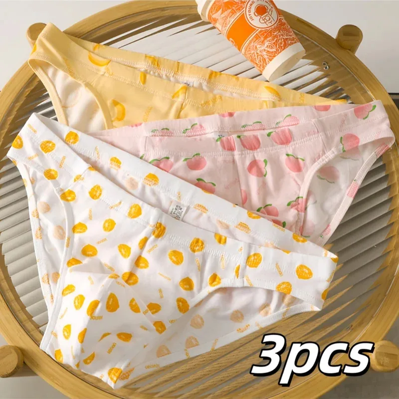 

Три комплекта мужских милых и уникальных хлопковых трусов с фруктовым принтом, удобных и приятных для кожи трусов для молодых мужчин, дышащих с низкой посадкой