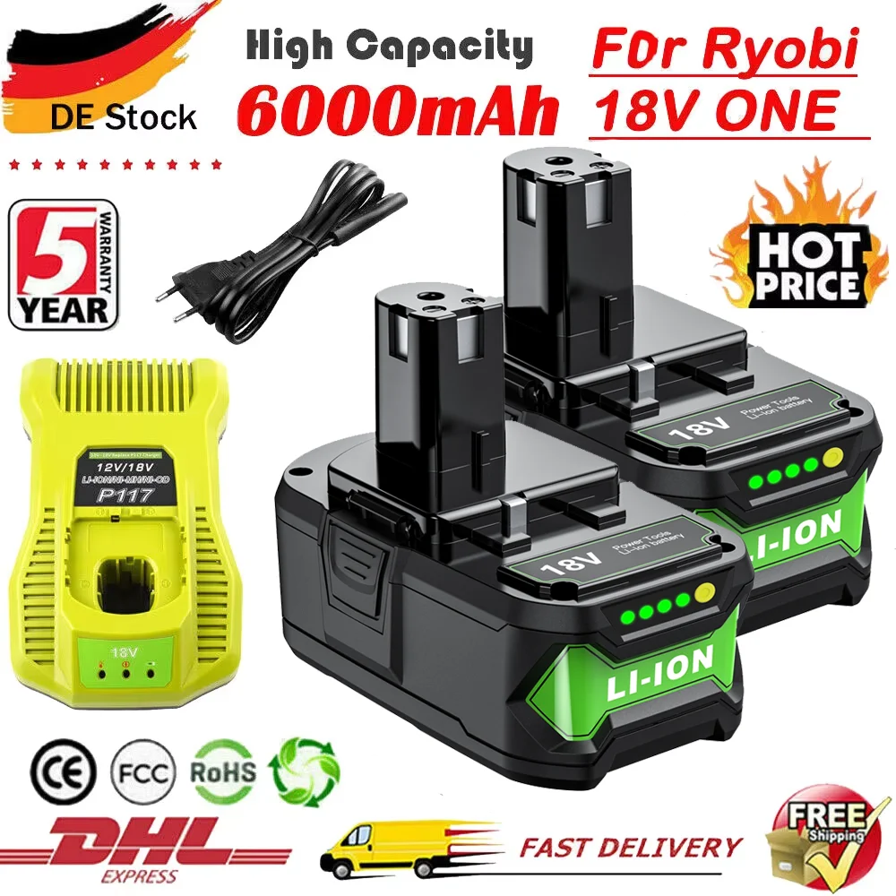 RYOBI P108 18V One+ Plus 배터리용 6Ah 18V 리튬 이온 전동 공구 P104 P107 RB18L50 RB18L20 P108