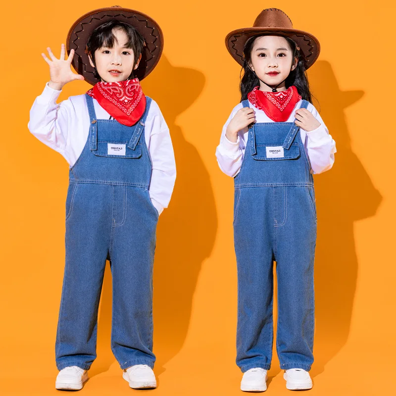 Trajes de dança de líder de torcida infantil meninas denim bib terno meninos esportes soltos e confortáveis moda branca roupas de manga curta