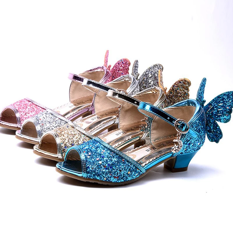 Peep Toe Girls Sandals Sequins Butterfly Latin Dance Shoes Kids Summer High Heels Princess Party Shoes Children's Sandals CSH815