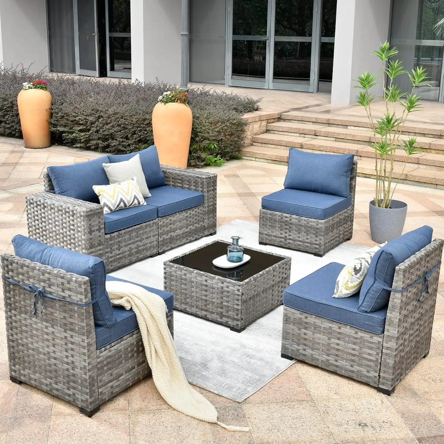 Patio Furniture Set,Wide Armrest Outdoor Sectional Sofa,All Weather PE Rattan Outside Conversation Sets