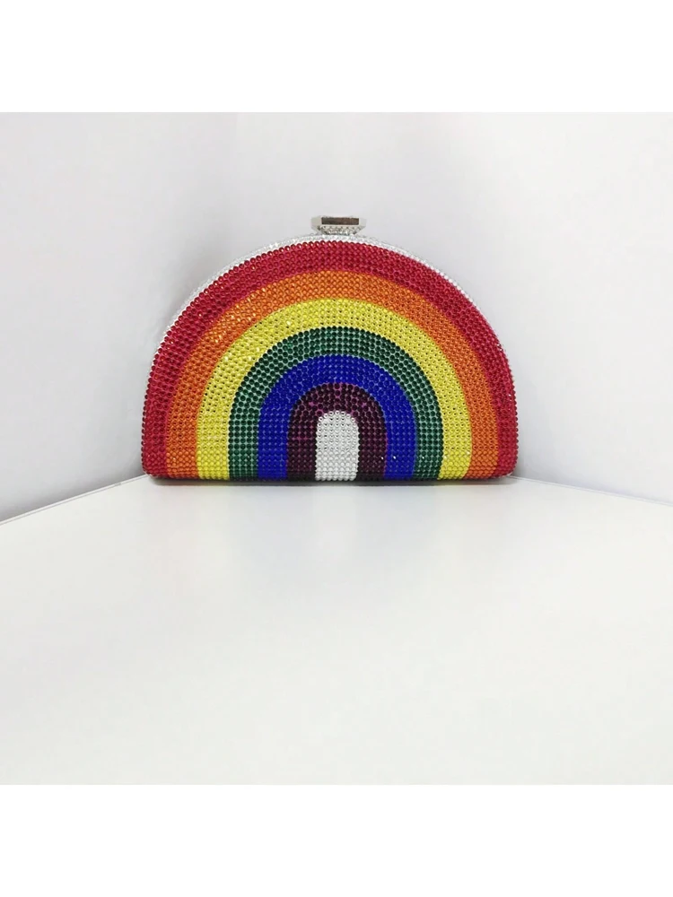 Regenboog Kleur Kristal Avond Clutch Bag Diamant Bruiloft Keten Tas Vrouwen Boutique Halve Maan Strass Portemonnees En Handtassen