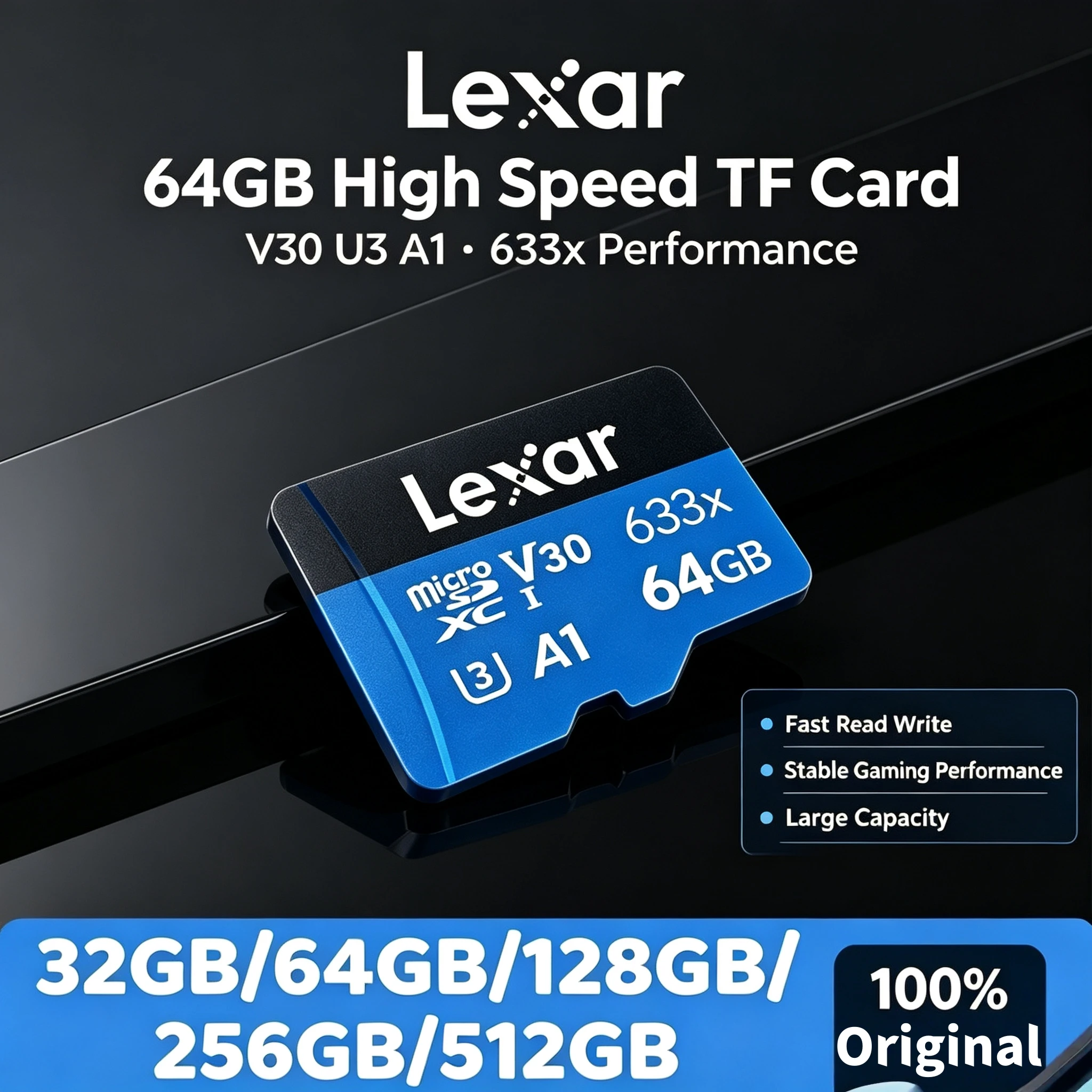 Lexar 633x Micro SDXC Card 64GB 128GB 256GB V30 U3 C10 A1 100MBs for Action Camera Smartphone Tablet High Performance Pro