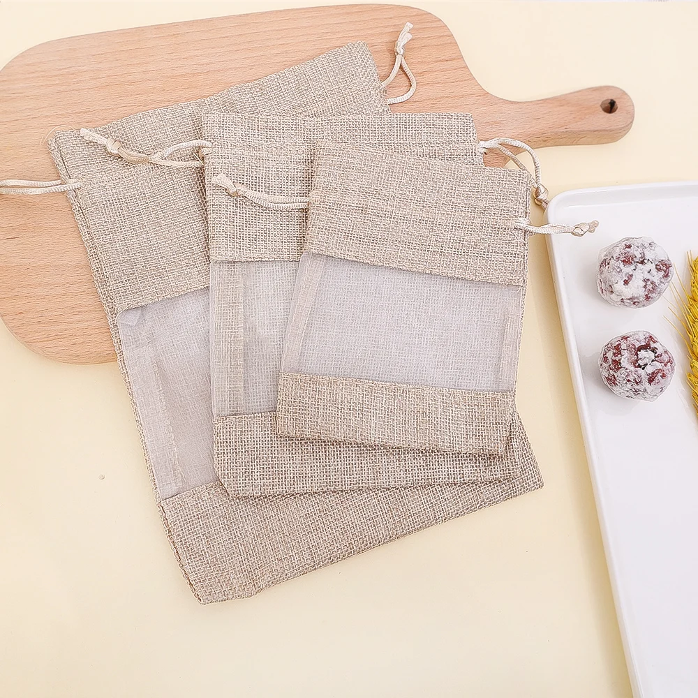 Natural Linen Burlap Bag Jute Gift Bag Drawstring Gift Bags With Handles Gift Packaging Party Favor Candy Bags