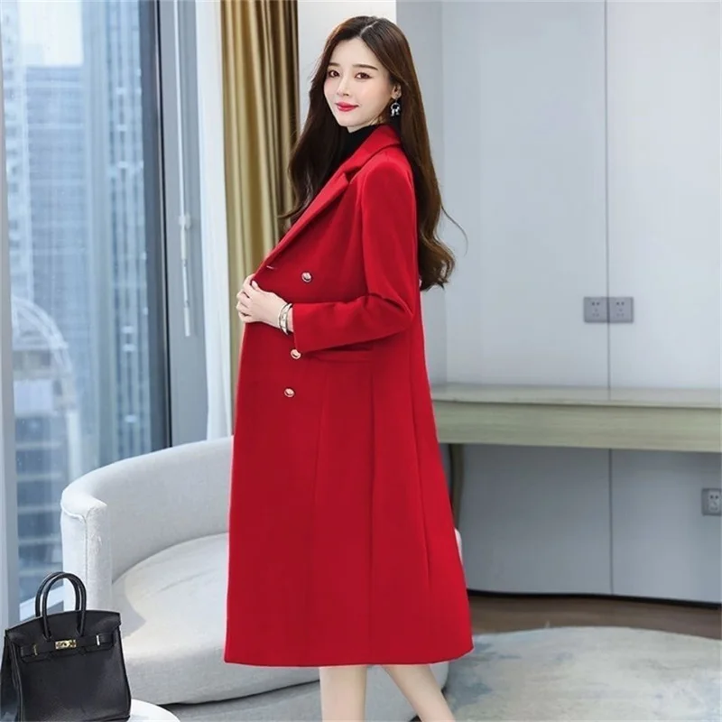 Quick Black Woolen Coat Women\'s Mid-Long 2021 New Spring Autumn Popular Hepburn Style Red Woolen Coat Femme Jacket Loose Botton