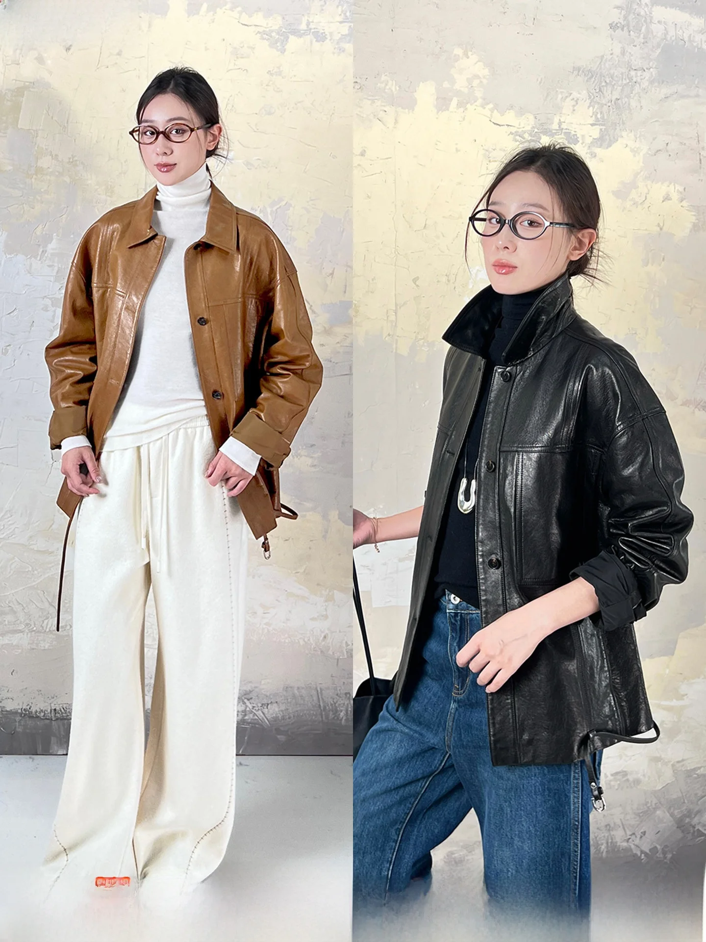 メアリーティム オイルワックスレザージャケット ポロカラー バーンスタイル シープスキンコート ストリートスタイル 長袖 ルーズフィット ユースファッション