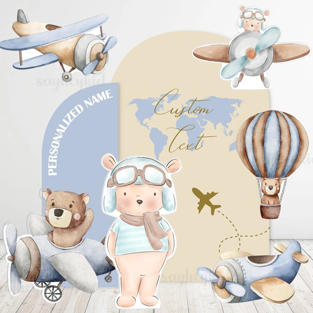 Personalized Aviator Theme Backdrop Cartoon Bear Plane Cutouts Baby Blue Party Decoration Flight Bears Baby Shower Birthday Prop