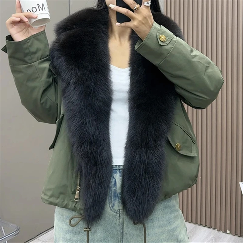 

Высококачественный зимний новый женский мех лисы, большой меховой воротник, пуховый пирог, властный модный стиль y2k, утепленный и теплый цвет 2025 г.