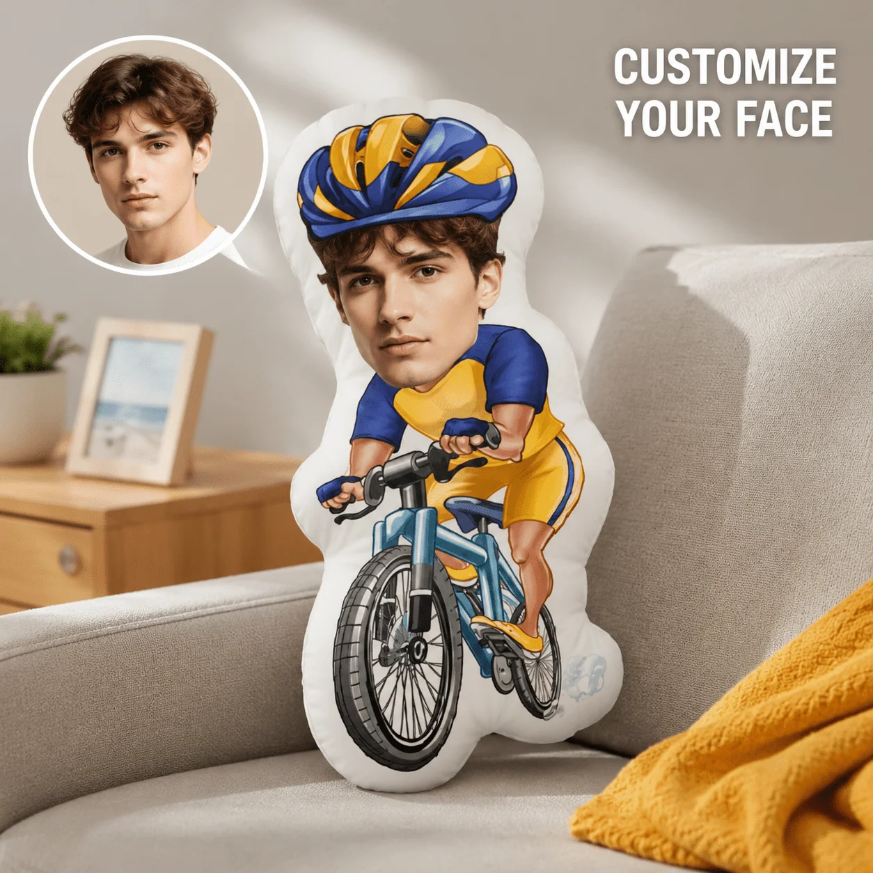 Custom Personalized Photo Face Pillow, Cycling Character Custom Shaped Decorative Cushion, 60CM Home Accent Pillow Sofa adult