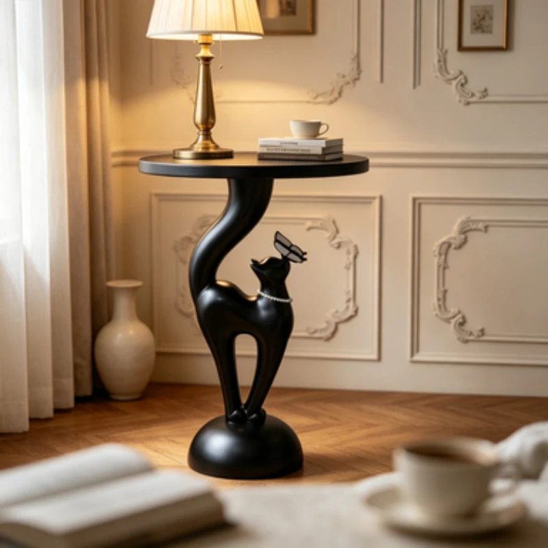Elegant Cat Themed Black Nightstand Mid-century Bedside Accent Table Compact Bedroom Storage Rack Stylish Indoor Bedside Table