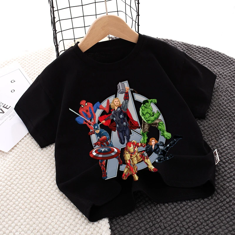 Marvels Avengers 티셔츠 소년 소녀 만화 애니메이션 패턴 반팔 아동 의류 SpiderMans 레저 홈 의류 탑 티