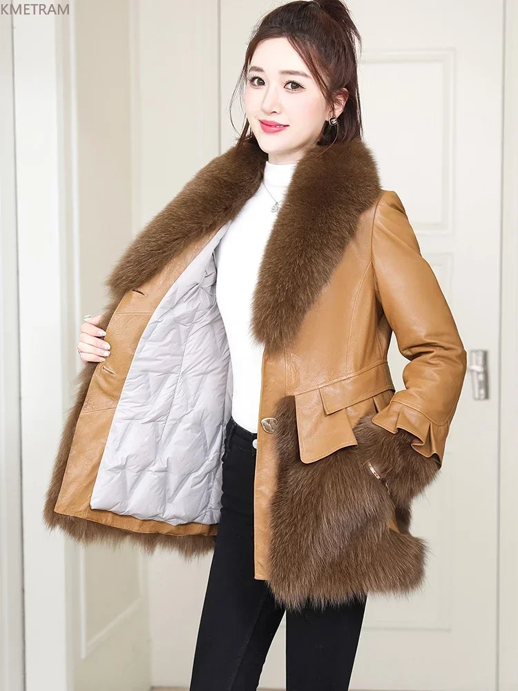 Genuine Sheepskin Leather Jackets for Women 2024 Autumn Winter Slim Fur Down Jacket Fox Fur Collar Down Coats Jaqueta Feminina