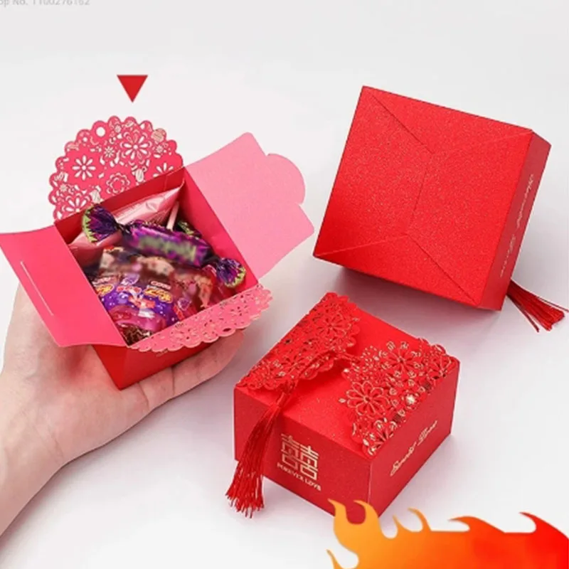 50pcs Retro Red Wedding Gifts Packaging Box Chinese Style Candy Boxes Gift Wedding Gifts for Guests Mariage Paper Handmade Packa