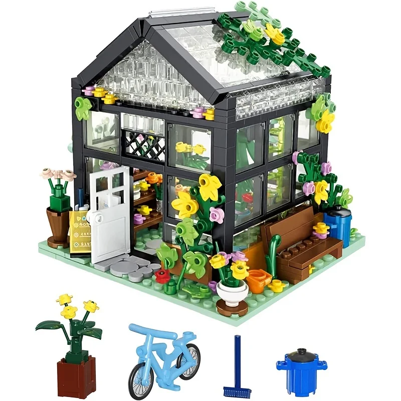 Flower House Building Set with LED Lights City Street Greenhouse Building Block Toy Garden Decor Birthday Gift for Adults