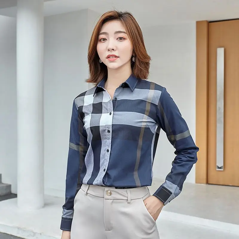 Advanced Plaid Shirt Women\'s Spring and Autumn 2023 New Cotton Casual Small Versatile Top