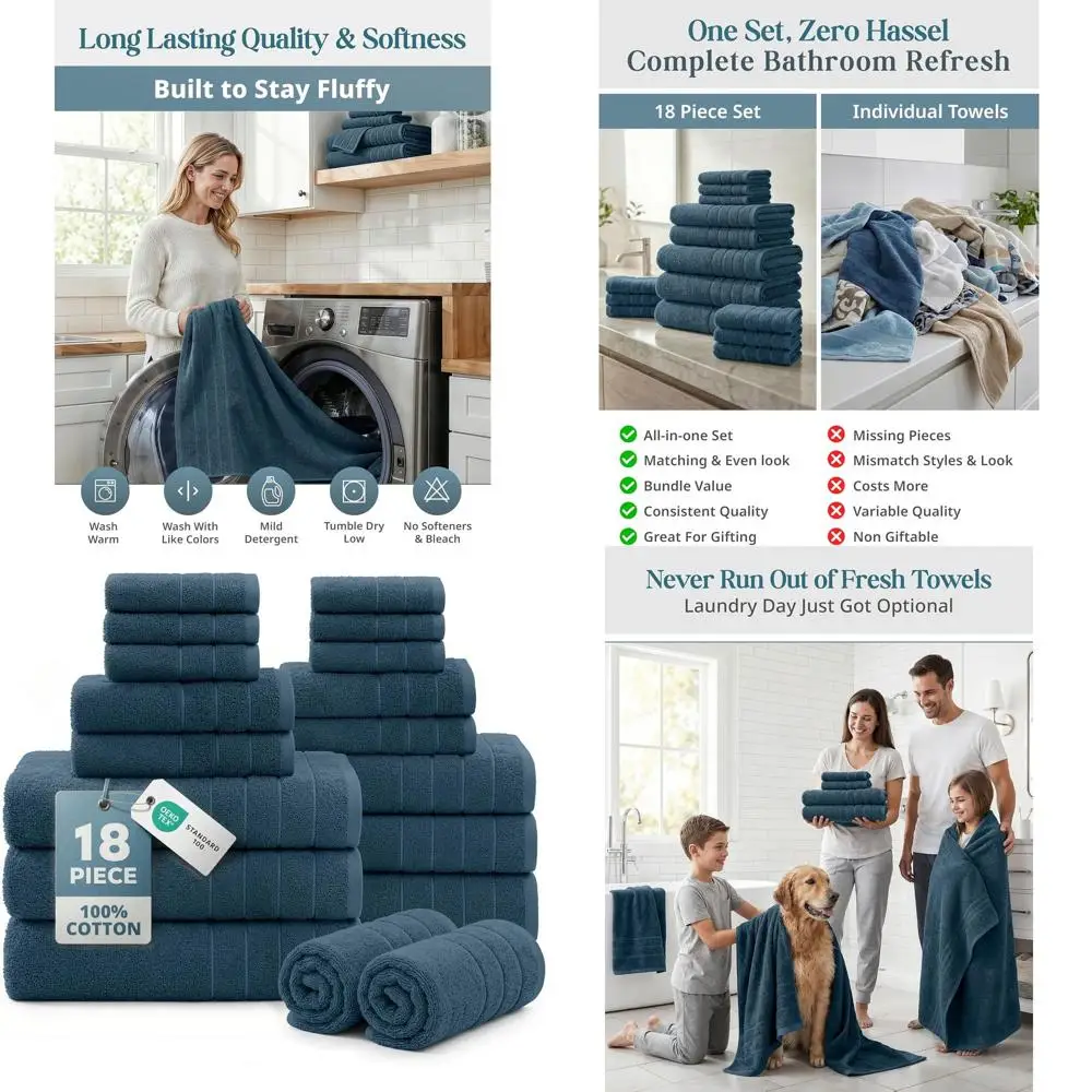 

Роскошный набор из 18 хлопковых полотенец: мягкие, быстросохнущие, впитывающие - 6 банных, 6 для лица, 6 для рук - Спа-качество, цвет стальной синий