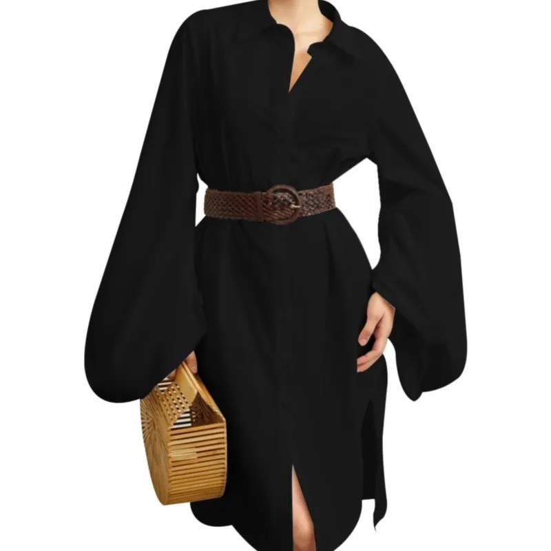 Moda damska Jesień Zima 2025 Luźna Dopasowana Krótka Koszula z Długim Rękawem Sukienka z Rozcięciem Seksowna Elegancka Nieregularna Damska Odzież Vestidos