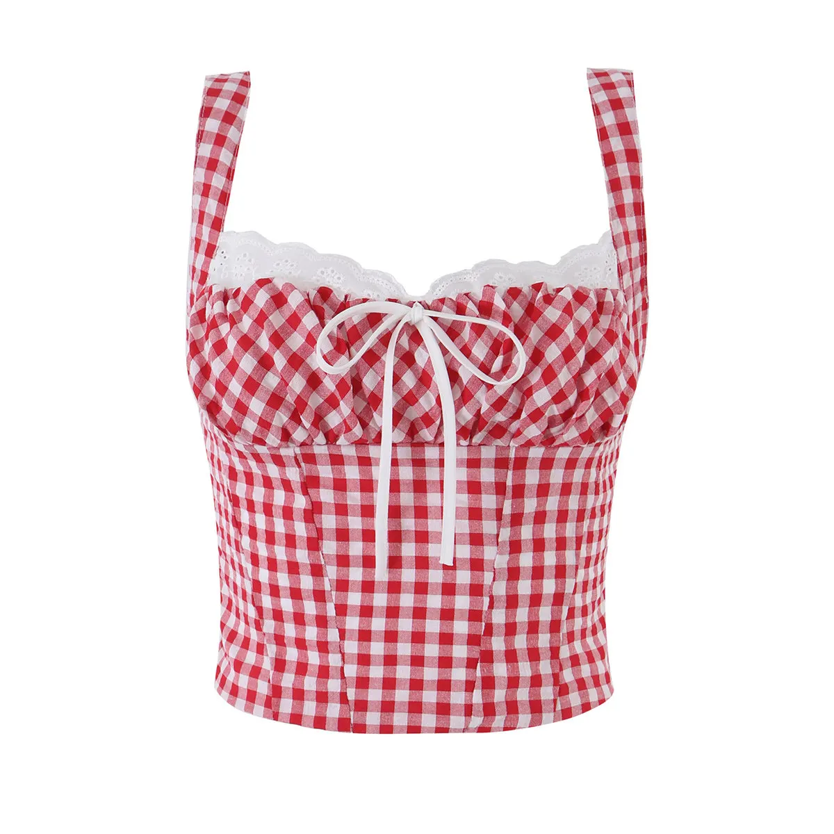 Women Red Plaid Elegant Camisole Top Y2K Gyaru Cropped Top Square Collar Tank Top Off Shoulder Sleeveless Vest for Women Summer
