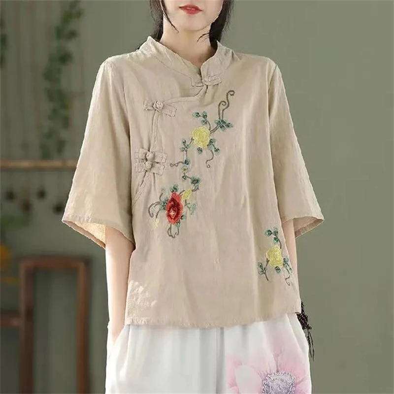 Women Chinese Ethnic Style Vintage Shirts Stand Collar Embroidery Cotton Linen Blouses Solid Half Sleeve Loose Tops Ropa Mujer