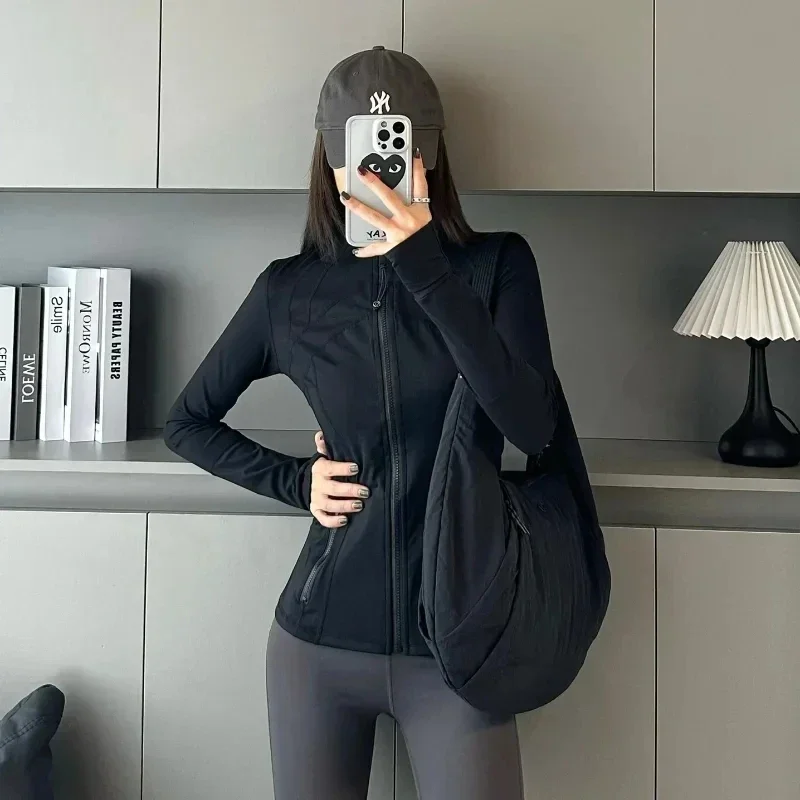 Women Define Long Sleeve Sports Jacket With Pockets High Elastic Fitness Yoga Running Zip Up Jackets Workout Coat Top