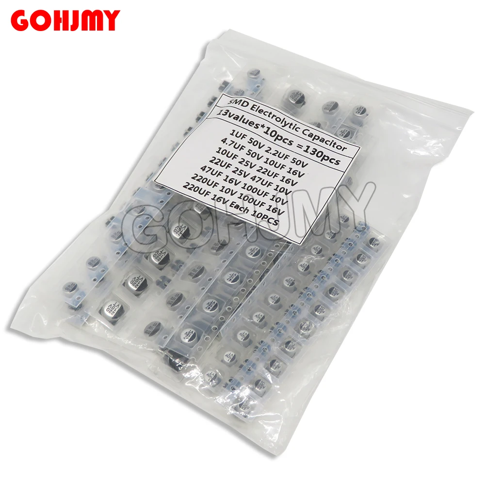 130pcs/LOT 1uF-220uF SMD Aluminum Electrolytic Capacitor Assorted Kit Set, 13values*10pcs=130pcs Samples Kit