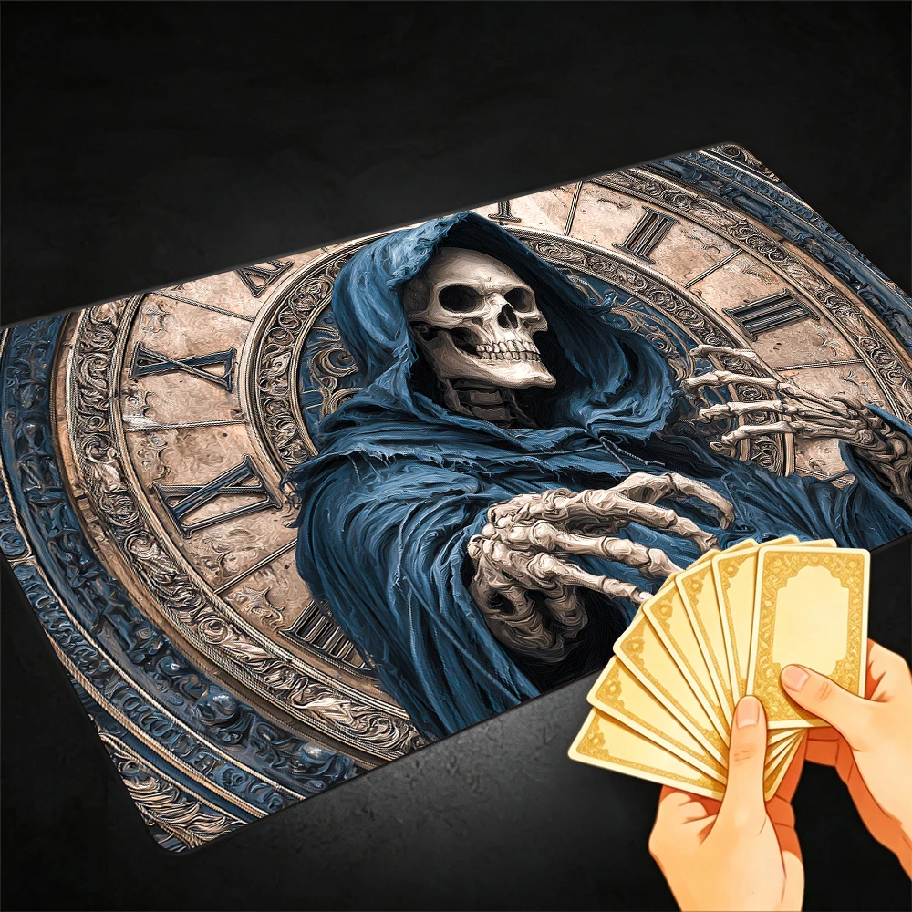 Retro Clock Skeleton Warlock TCG Playmat Magic Playmat Gathering Gaming Mat with Stitched Edge Anti-slip base Trading Card Game