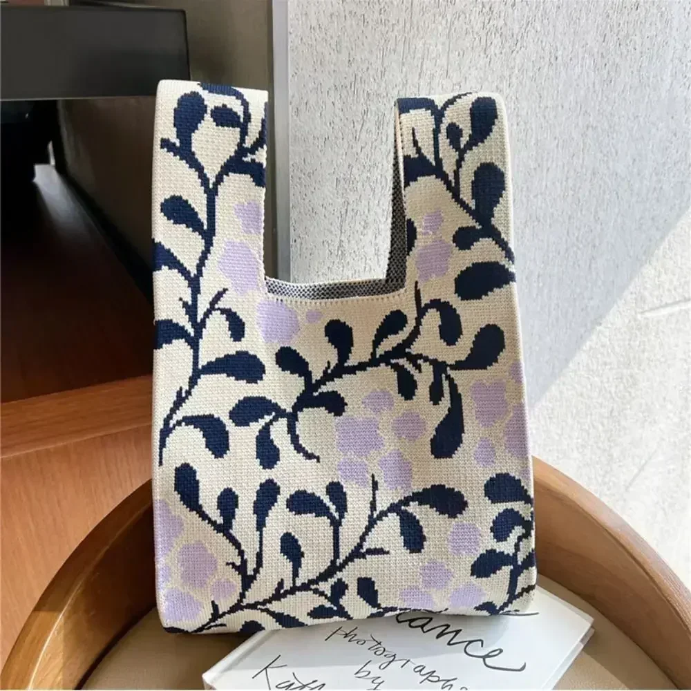 SN5  New Handmade Knit Handbag Women Mini Knot Wrist  Casual Color Tote  Student Reusable Shopping Bags