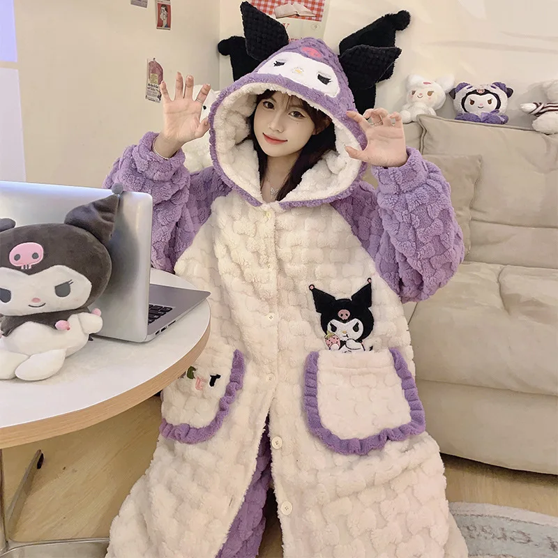 2Pcs Sanrios Long Style Kuromi Pajamas Woman Anime Cartoon Kawaii My Melody Cinnamoroll Winter Velvet Thickening Loungewear Set