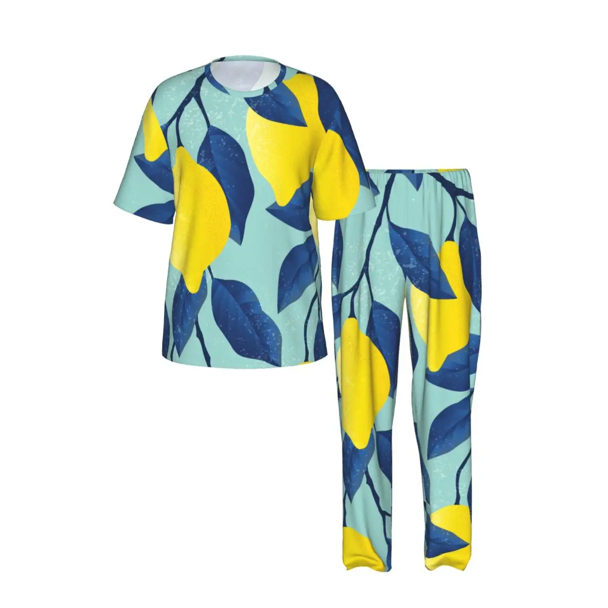 Men Pajamas Suit Short Sleeved Long Pants Tropical Yellow Lemons And Leaves Sleepwear Summer Home Clothing Set