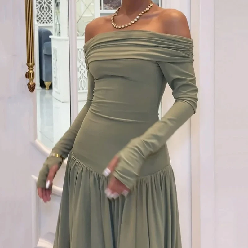 Wefads Long Dress Women Autumn Clothing Fashion Solid Long Sleeve Off Shoulder Nipped Waist Slim Evening Party Maxi Dresses