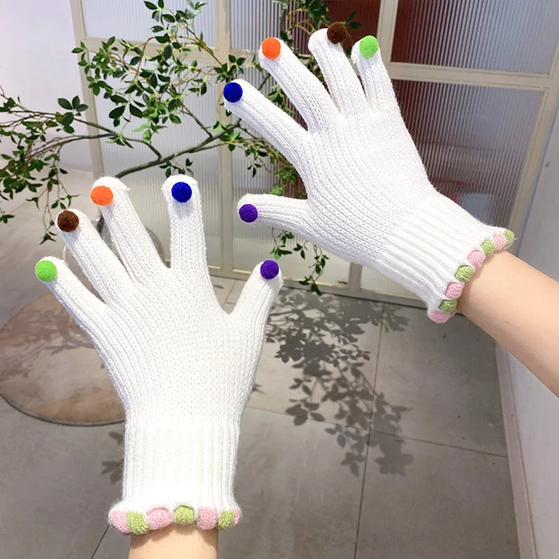 

Funny Knitted Gloves Colorful Pompom Full Finger Mittens Thicken Warm Touch Screen Gloves for Women Winter Cycling Supplies