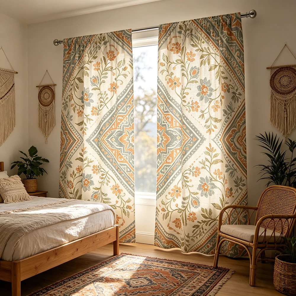 2PCS Lace Edge Diamond Curtains, Geometric Pattern Print, Elegant Window Drapes for Living Room Bedroom Home Decor