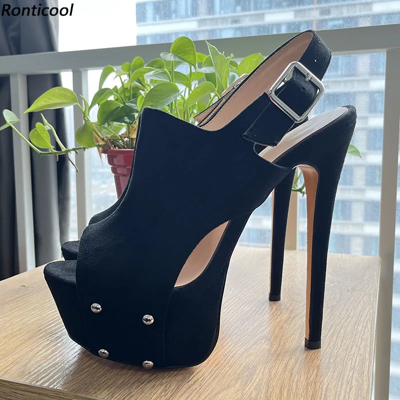 

Ronticool/женские сандалии ручной работы на платформе, замшевые элегантные черные повседневные туфли на тонком высоком каблуке с круглым носком, женские размеры США 5-20