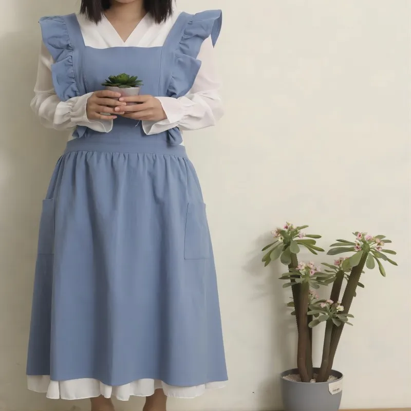 1PC French Pastoral Florist Artsy Cotton Linen Vintage Apron Kitchen Baked Nordic Solid Color Ruffled Apron view 5