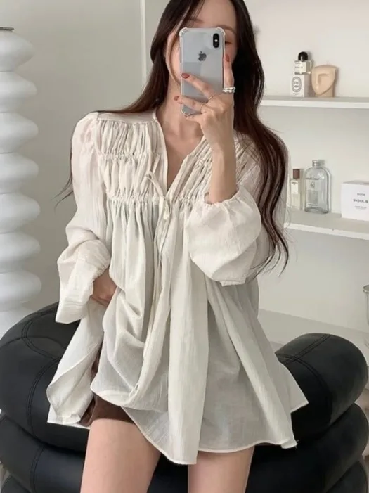 

Женская свободная блузка с V-образным вырезом, плиссировкой и длинными рукавами, весна 2026, новая модель в корейском стиле, повседневный топ