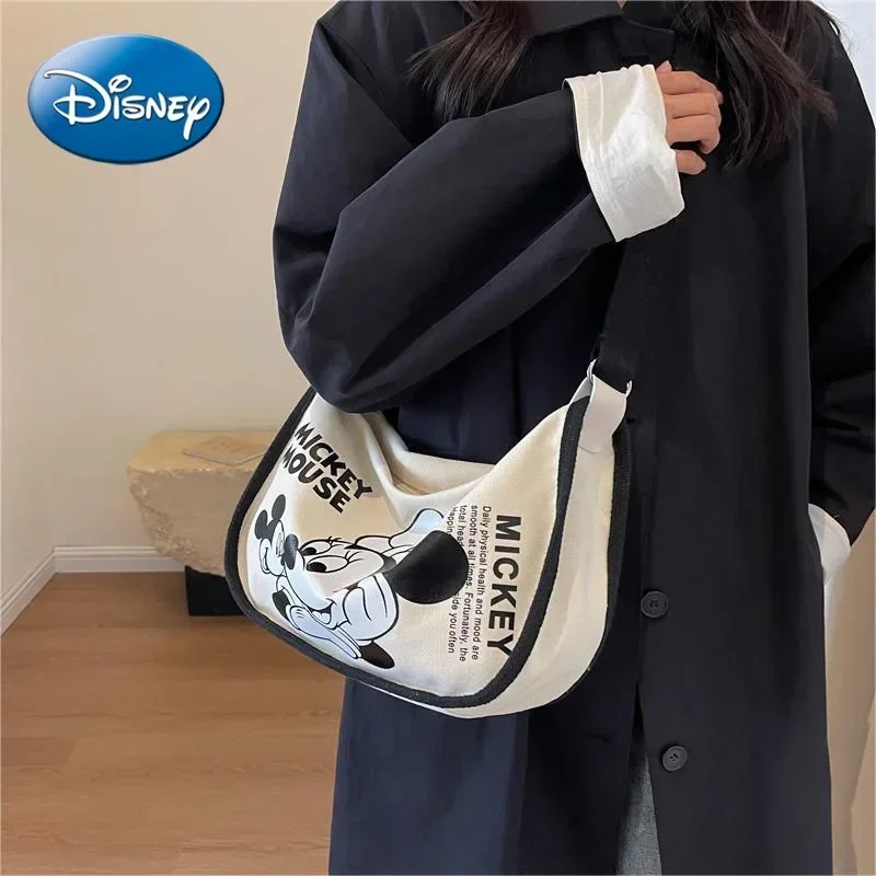 Disney\'s New Mickey Cartoon Canvas Bag for Women Large-capacity Shoulder Saddle Bag Student Class Cross-body Dumpling Bag