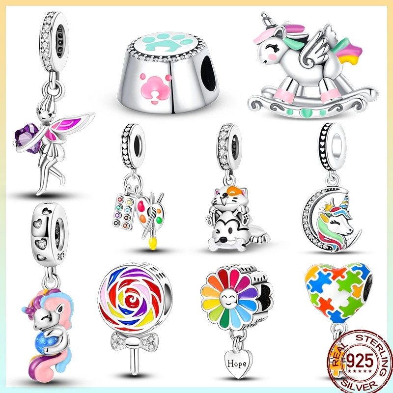 

925 Sterling Silver Colored Zircon Rainbow Unicorn Mermaid Flower Charm Beads Suitable For Pandora 925 Original Bracelet