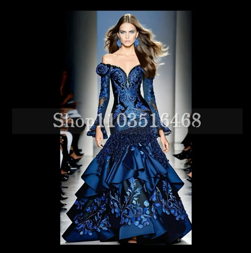 Vintage-Mode-Meerjungfrau-Abschlussballkleid, elegantes, trägerloses, besticktes, langärmliges Rüschen-Hochzeitskleid mit Applikationen, individuelles Hochzeitskleid