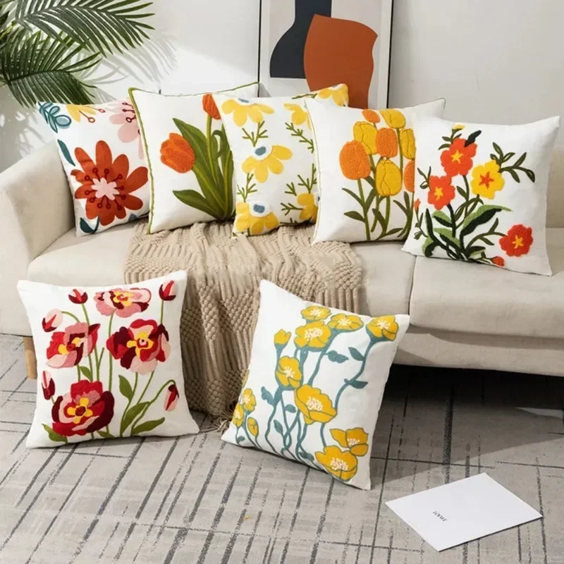 

Cotton Canvas Floral Embroidered Cushion Cover 45*45 Countryside Stely Ornamental Pillow Case for Living Room Luxury Home Decor