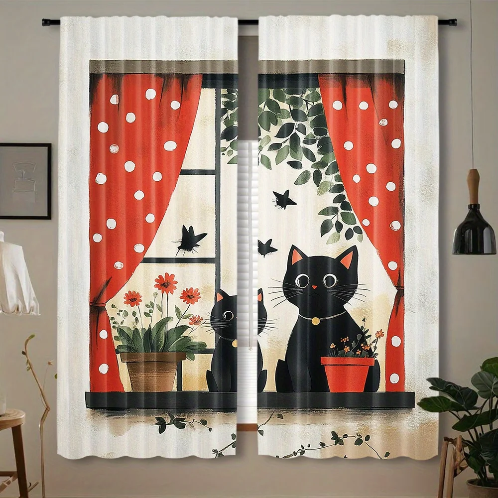 Cartoon Black Kitten Window Curtains 2 Panels, Two Cats on Sill Red Dot Curtain Vine Floral Butterfly Soft Cream Home Curtain