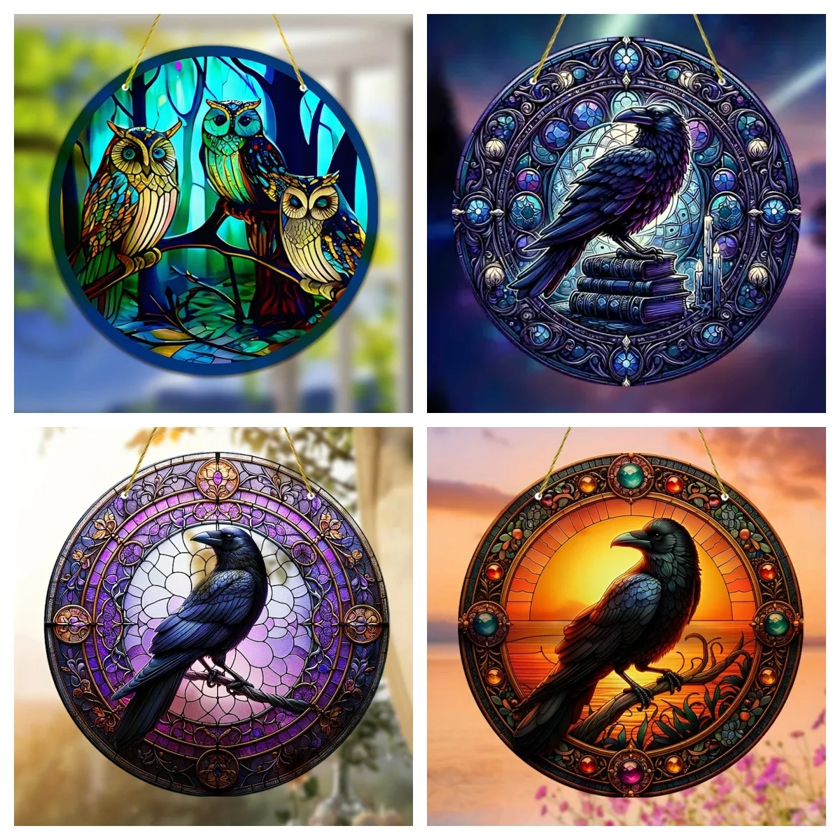 

Halloween Crow Owl Mirror Catcher Colorful Window Hanging Decorative Gothic Bird Wall Art Pendant