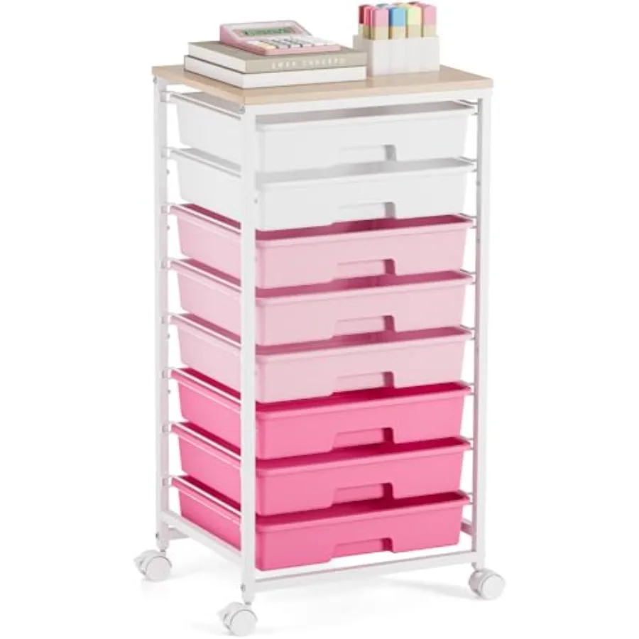 

Rolling Cart with Drawers Pink Cart with 8 Plastic Drawer Storage and Wooden Tabletop Craft Storage Teacher Cart Storage Cart o