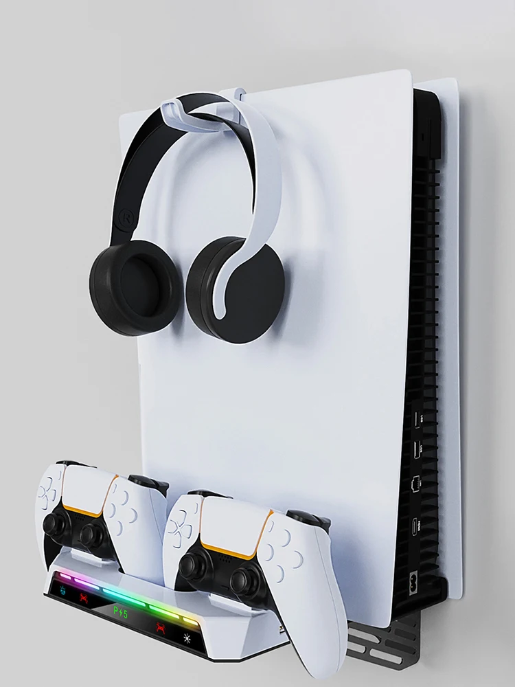 طقم تثبيت على الحائط مع محطة شحن RGB دعامة حائط خفيفة مع حامل سماعة الرأس وحامل حائط للقرص النحيف PS5/PS5 ووحدة التحكم الرقمية
