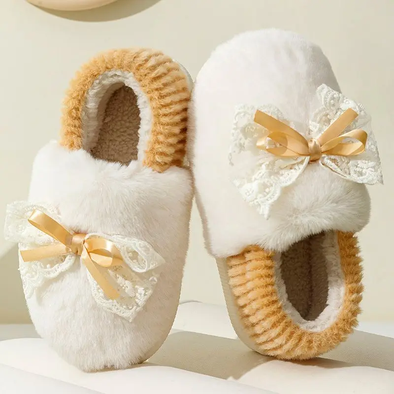 

Winter Women Cotton Slippers Best Seller Anti Slip Indoor Outdoor Cloud Like Softness Influencer Favorite Lace Bow Thick Sole