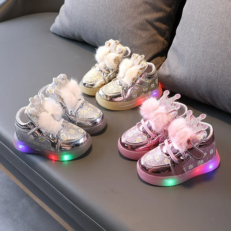 Girls Glowing Sneakers with LED Light Fashion Soft Fluffy Bow-knot with Crown Princess Flowers Children Glitter Luminous Shoes