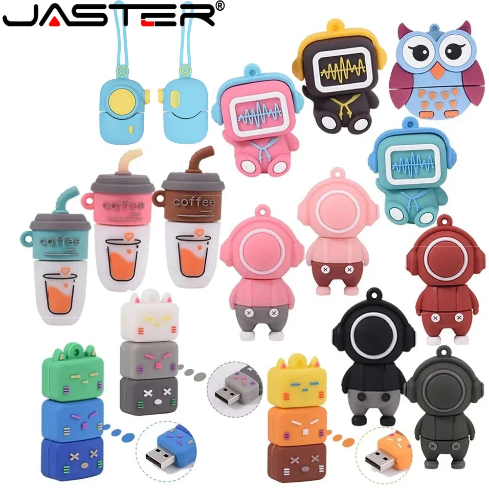 JASTER USB Flash Drive 64GB Cute Cartoon Coffee Cup Music Doll Pen Drive Owl Camera Free Keychain Creative Gift Memory Stick