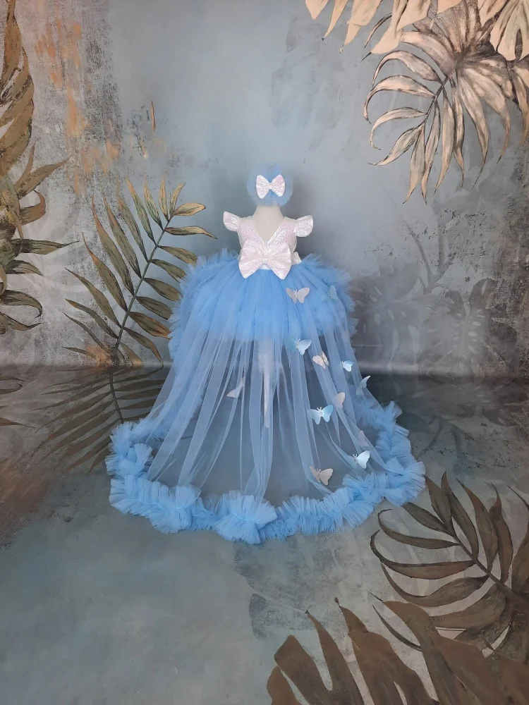 Fairy Ice Blue‑White Sequin Tutu Flower Girl Dress Fly Sleeve V‑Back Oversized Bow Fluffy Cloud Baby Birthday Photoshoot Party