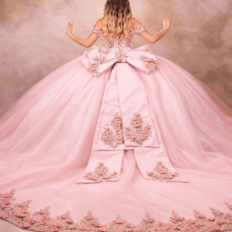 Pink Glitter Quinceanera Dresses Off Shoulder Ball Gown Sweet 16 Dress Applique Flower Beads Bow Tull Corset Party Birthday Vest